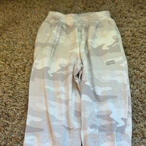 Pink.  White/grey camo joggers. Size small